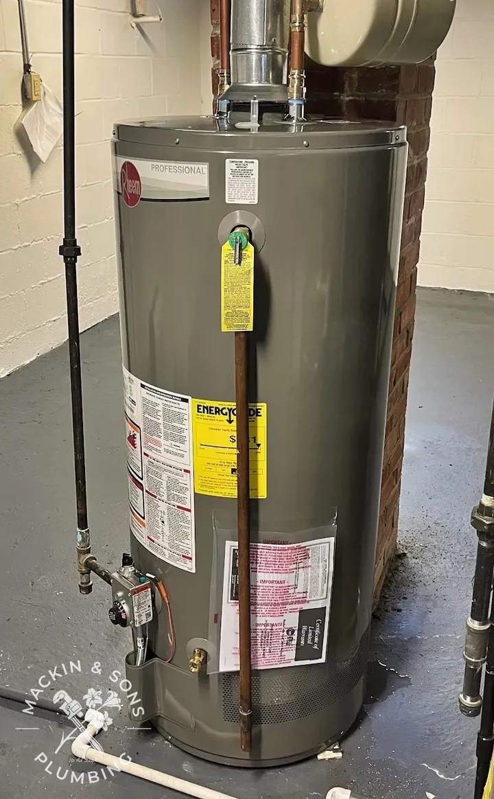 New Rheem Professional gas water heater installed by Mackin & Sons